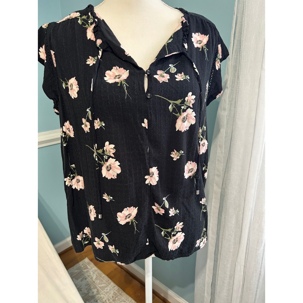 Buffalo David Bitton Floral Blouse Black Pink Flutter Sleeve Boho Top Medium